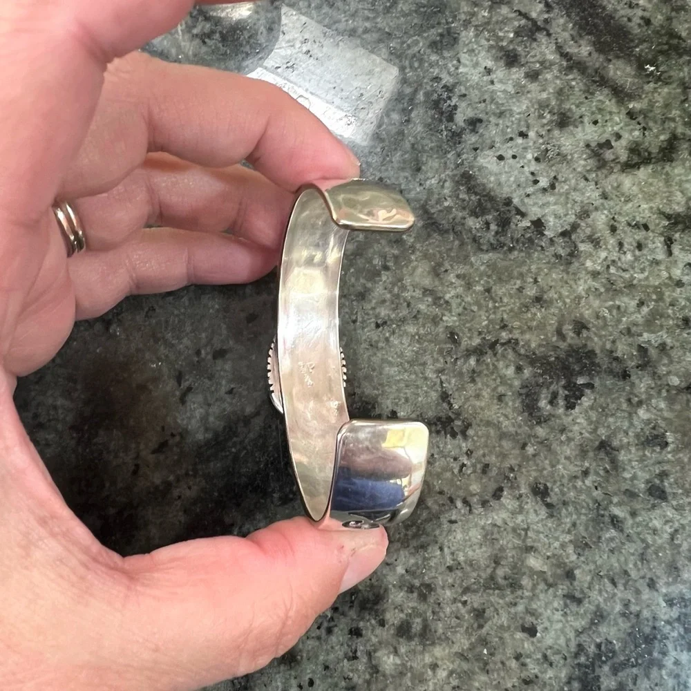 Sterling Silver & Turquoise Cabochon Overlay Cuff Bracelet - Picture 11 of 16